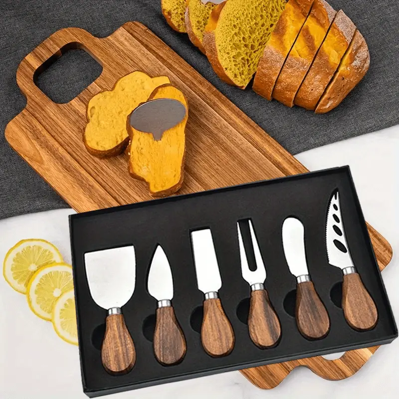 6PCS Stainless Steel Cheese Knife Set 6 Different Functions, Oak Handle Cheese Knife Fork, Butter Knife, Cheese Shovel for Cheese & Butter Slicing