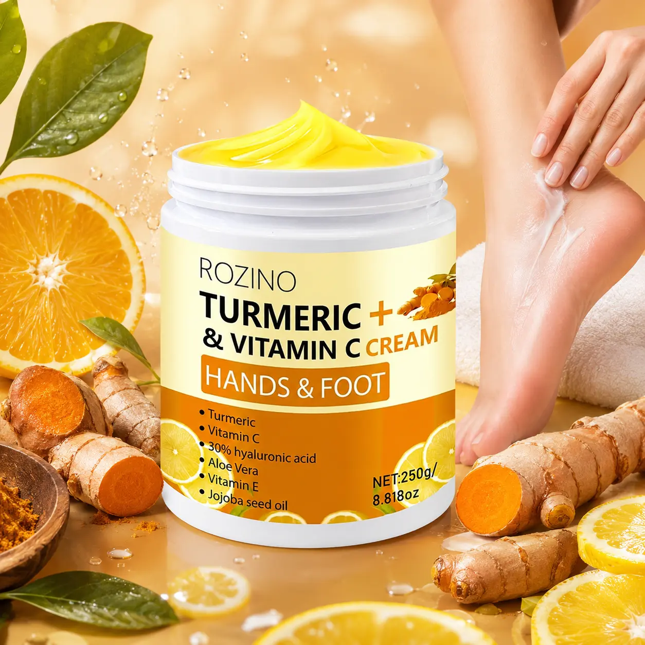 ROZINO Turmeric Firming Hand & Neck Cream (1.69oz), Hydrating Anti-Wrinkle Moisturizer for Tightening, Lifting Loose Skin & Smoothing Fine Lines on Hands, Face