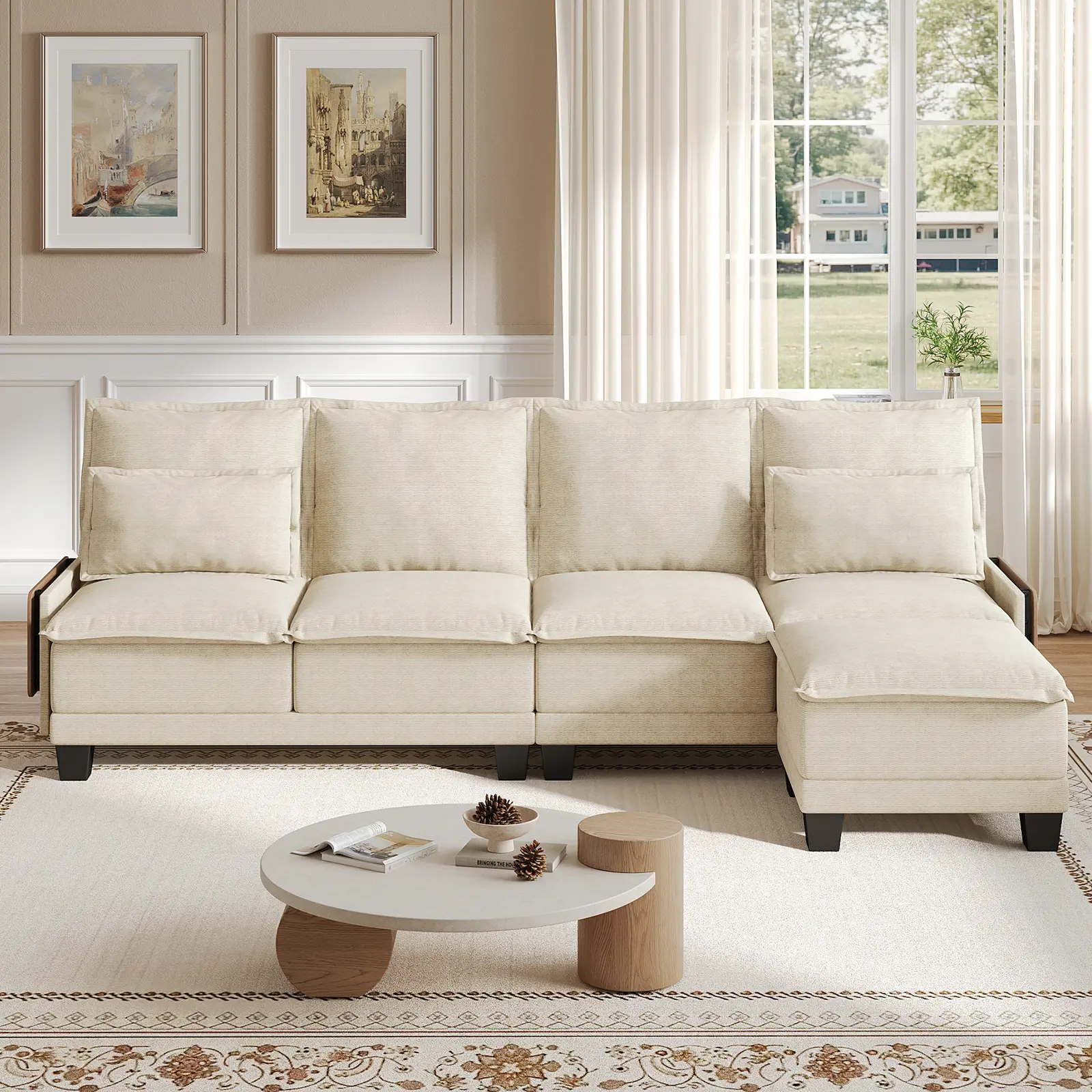 Copiae 122" Waterproof Chenille L-Shape Sofa With Collapsible Table, 4-Seat Sectional Upholstered Couch With Ottomans For Living Room, Apartment
