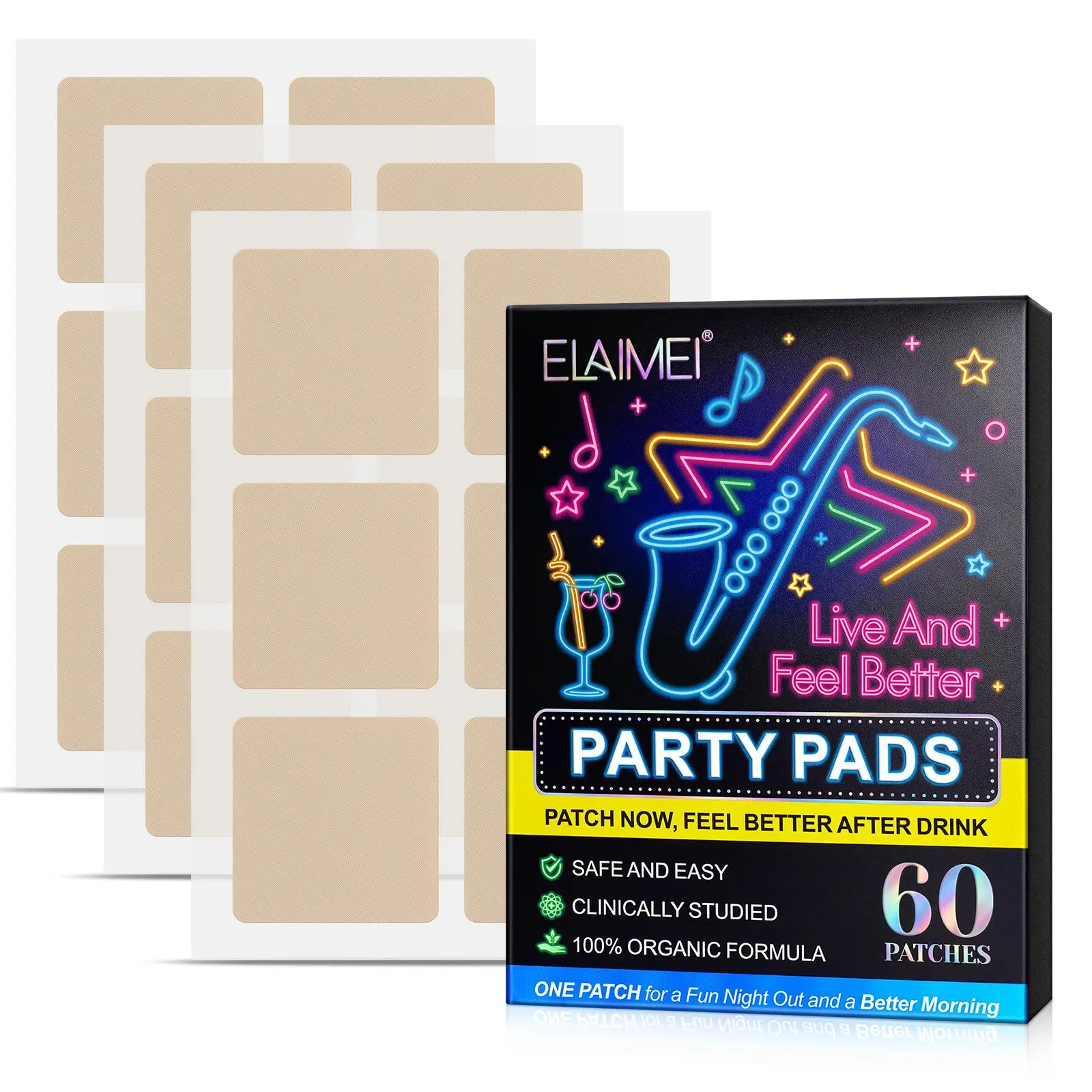 ELAIMEI Hangover Relief Patches 60p, individually wrapped and paper-thin for easy portability. Perfect for business gatherings, social dinners, or holiday parties—simply pull one out anytime. Ideal for on-the-go use at festive events.