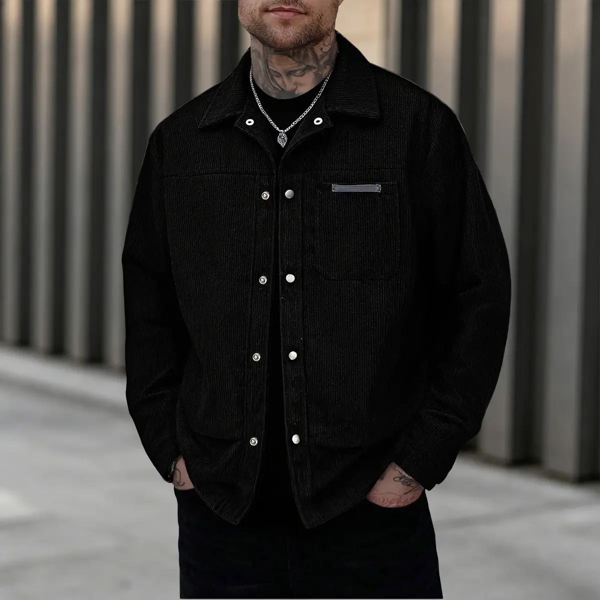 Men's Corduroy Cargo Jacket with Left Chest Pockets - Polyester Casual Workwear Jacket, Machine Washable, Classic Collar & Single-Button Closure for Daily & Leisure Wear, Nonstretch Fabric, Outdoor Clothing, Retro Style, Sturdy Construction, Casual Attire