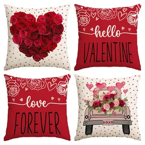 4pcs Valentine's Day Pillow Cover, Red Romantic Love Red Rose Printed Cushion Cover, Valentine's Day Sofa Decorative Pillow Cover, Valentine's Day, Wedding Anniversary, Room Living Room Sofa Bedroom Seat Decorative Pillow Cover (without pillow core)