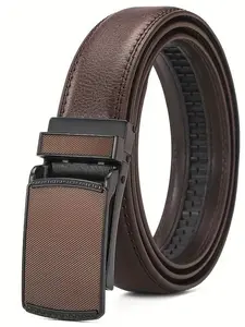 Men's Business Automatic Buckle Belt, Alligator Pattern Cowhide Leather, Brushed Alloy Buckle Head, Casual Daily Wear