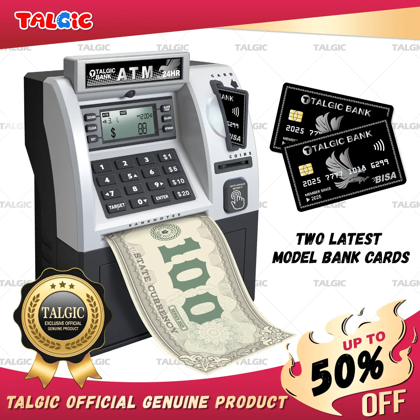 Talgic Kids Piggy Bank ATM Toy, a fun, interactive way to teach kids about money savings. With a realistic ATM keypad, password security, and the abil