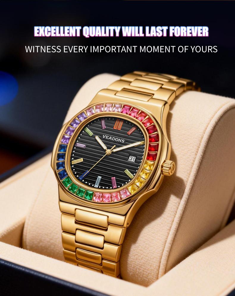 Brand Counter Authentic Premium Boutique Luxury Square Wristwatch – Rainbow Crystal Accents | High‑End Men’s Timepiece with Diamond Mirror Finish  | Versatile Casual & Business Look | Ideal Gift for Him | Stylish Wristwatch with Date Function