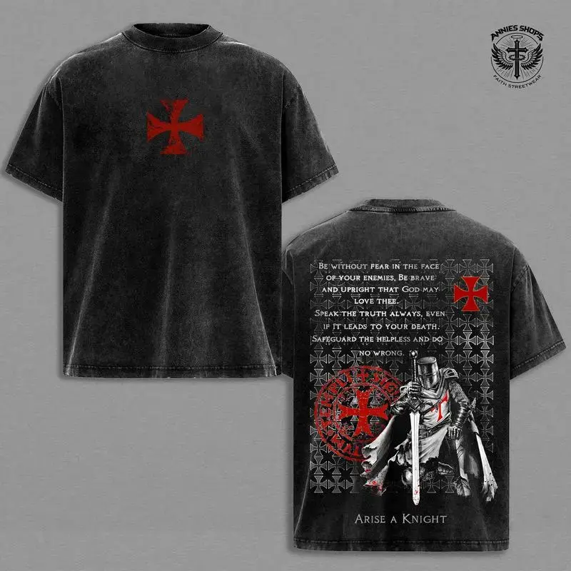 Unisex Vintage Streetwear T-Shirt with Crusader Cross Graphic, Oversized Fit in Soft Washed Heavy Cotton, Round Neck Top, Tshirt, Shortsleeve, Seamless