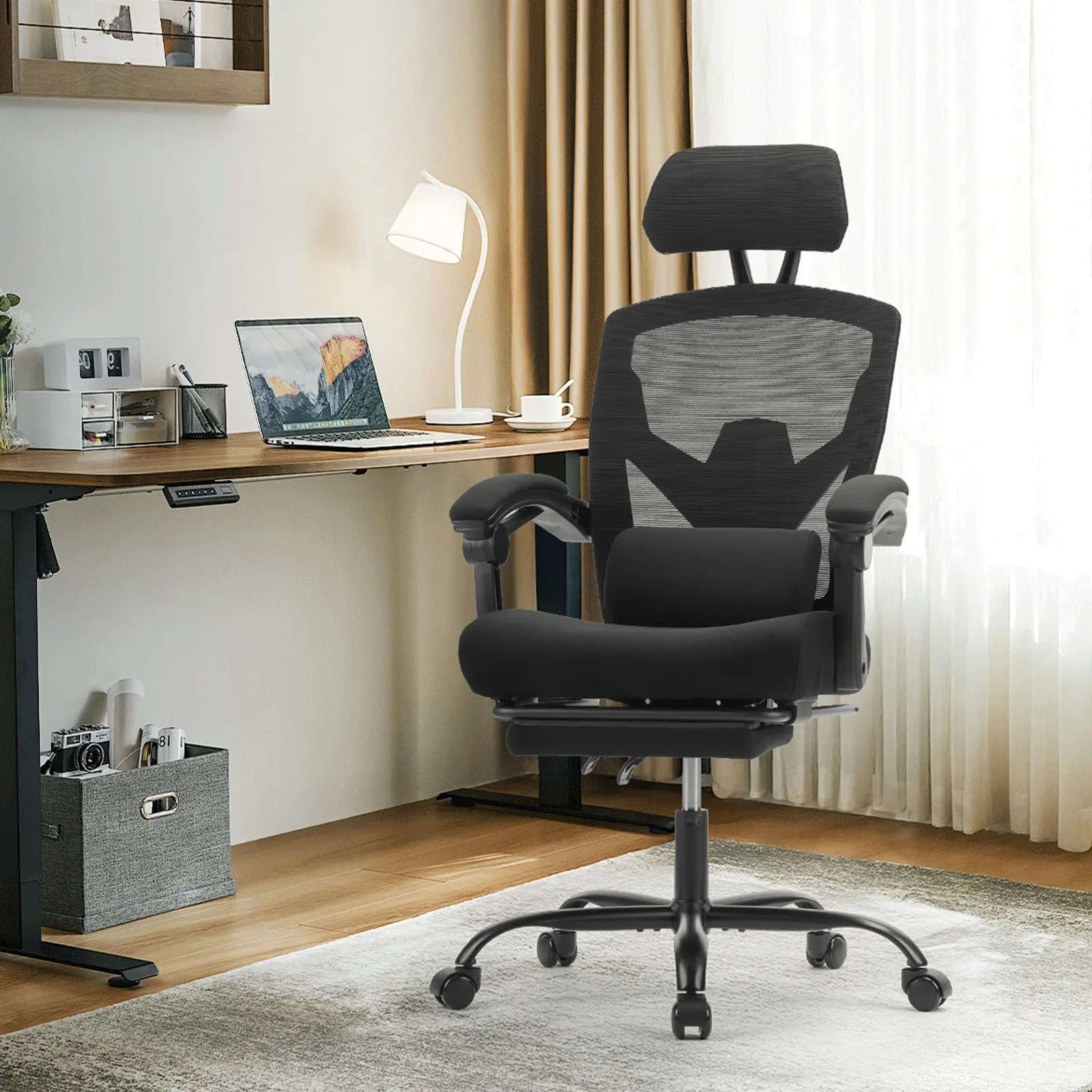 Height Adjustable High Back Ergonomic Office Desk Chair - Lumbar Pillow, Retractable Footrest, Padded Armrests, Adjustable Headrest