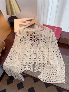 Sexy Lace Knit Swimsuit Cover-Up, Transparent Mesh Beachwear, Ripped Denim Shorts, Perfect for Vacation, Jfchyu02