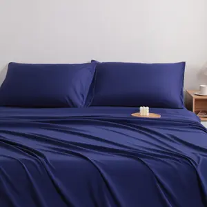 Embroidered Microfiber Bed Sheet Set, Super Soft and Cozy, Wrinkle, Fade, Stain Resistant, Deep Pocket Fitted Sheet, Navy Blue
