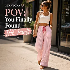 [WinaYona] Women’s Faux Linen Striped Barrel Pants Casual Drawstring Capri Trousers with Pockets Loose Fit Beach Vacation Lounge Pants Summer Trendy Cropped Wide Leg Pants for Daily Wear Travel Holiday Streetwear