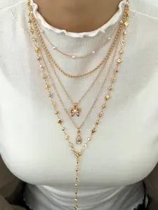 5pcs Y-Shaped Necklace Set, Fashion Minimalist Elegant Vintage Design, Daily Wear Necklace, Bow, Water Drop, Heart, Rhinestone, Faux Pearl, Tassel Pendant, Layered Necklaces
