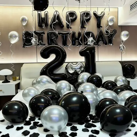 Chic 1100pcs Multi-Size Photo-Ready Black-Silver Party Decor Kit - 18" Foil Focal Pt Chrome Heart, 10" Agate Foil, Latex Balloons, 16" Black Happy Birthday Banner, 1000pcs Flower Petals, Garland Supplies for 16,18,20-30,40 Birthdays