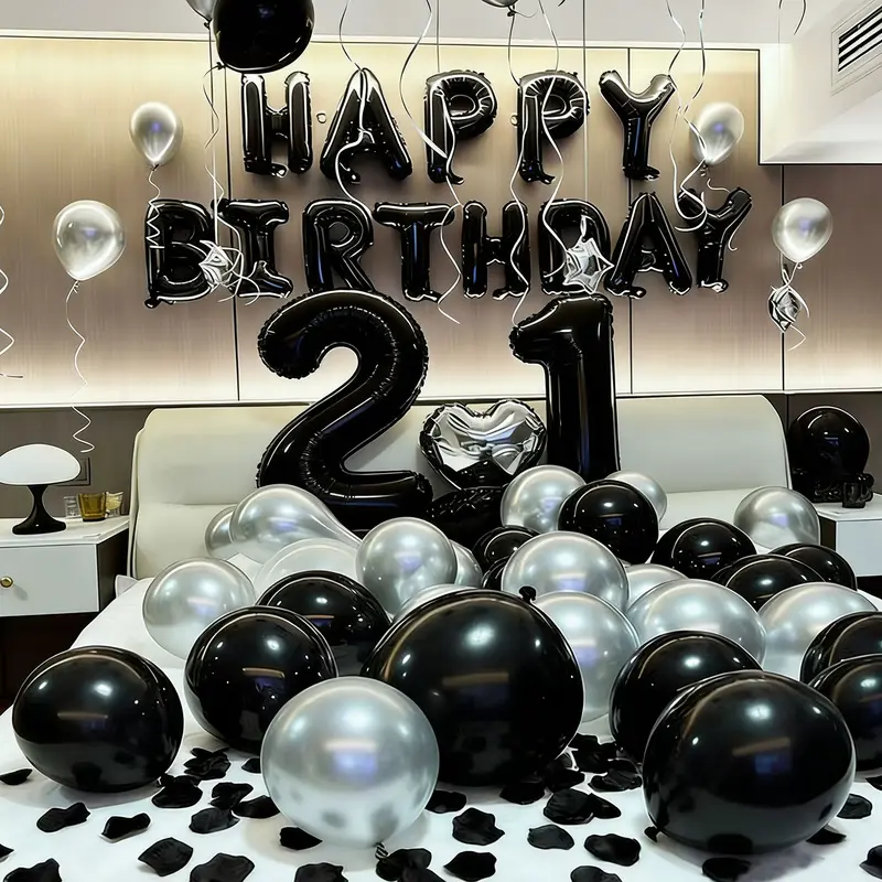 Chic 1100pcs Multi-Size Photo-Ready Black-Silver Party Decor Kit - 18" Foil Focal Pt Chrome Heart, 10" Agate Foil, Latex Balloons, 16" Black Happy Birthday Banner, 1000pcs Flower Petals, Garland Supplies for 16,18,20-30,40 Birthdays