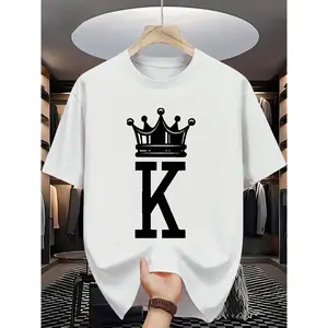 Men'S Casual  T-Shirt with Crown & "K" Print - Soft Gray, Round Neck, Short Sleeve, Lightweight & Breathable, Perfect for Casual Attire, Casual Attire Tee |   Crown Print Tee |   Comfortable Fit