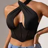 Sexy Cross-Back Halter Top, Mesh Cutout Fishbone Stretchy Bodysuit, Short Sleeve Backless Bustier, Summer Party Wear, Going Out Bodysuit, Y2K Vintage Slim Fit, Chic, Womenswear
