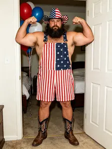 Yuanbang Plus Size 4th of July American Flag Overalls for Men USA 250th Anniversary Shorts Stretchy Denim Romper Memorial Day Coveralls Patriotic Gifts Summer Wins Wear Independence Day Jumpsuits Fashion Father's Day BBQ Outdoor Menswear