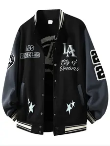 Vintage La Wind Oversized Baseball Jacket, Block, Embroidered Retro Streetwear, Fitted Fall & Winter Coat