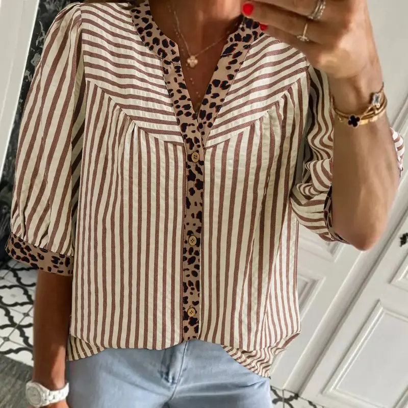 Hotapei Summer Fashion Striped Leopard Trim V-Neck Button Half Sleeve Fitted Shirt Blouse Womenswear, Stylish Women's Top, Casual Wear, Trendy Design, Casual Style Shirt