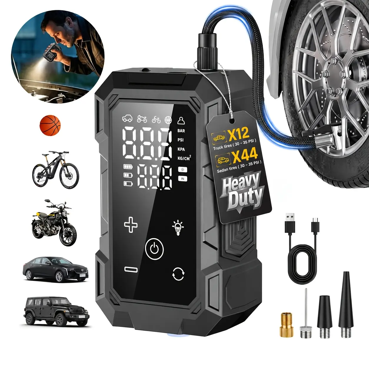 Cordless Tire Pump - Battery-Powered Automotive Inflator with Large Capacity Battery, Wireless Digital Screen, Enhanced Safety Features, 3X Fast Inflate, Suitable for inflating Balls, Motorcycle, Bicycle and Car Tires - Car Accessories!