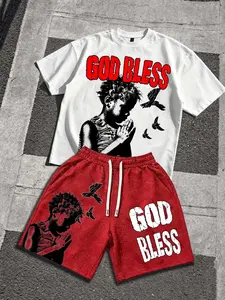 American Street Style God Bless Boy Praying Print Tee + Shorts Set, Fashion Hip Hop Casual Sport Two-Piece, Trendy and Comfortable