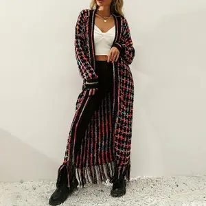 Women's Fall Winter Warmth Bohemian Casual Multi-Color Geometric Pattern Fringe Tassels Plaid Collar Hem Open Front Loose Fit Long Sleeve Cardigan Sweater Coat Outfit Knitwear Cute Girl