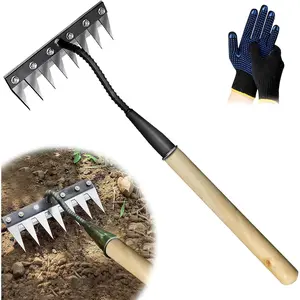 Upgraded Cultivator rake, -Coated Rust-Proof Manganese Steel Weed rake, and 8-Tines Garden Weed Puller Tool with Wooden Handle --  for Lawn and Garden, Ideal gardinia uprooting Tool.