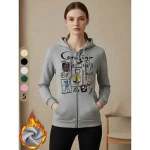 Comfortable Coraline Pattern Women's Hoodie with Kangaroo Pocket, Casual Zipper Sweatshirt, Perfect for Fall & Winter Season