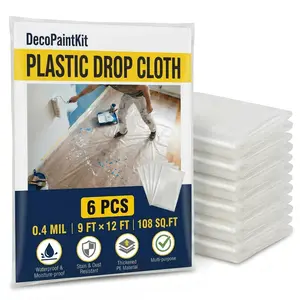 6 Pack 12 x 9 Ft Plastic Drop Cloth for Painting，Clear Waterproof Plastic Sheeting,Painters Drop Cloths for Floor Protection, Furniture Cover, Painting, Home Renovation