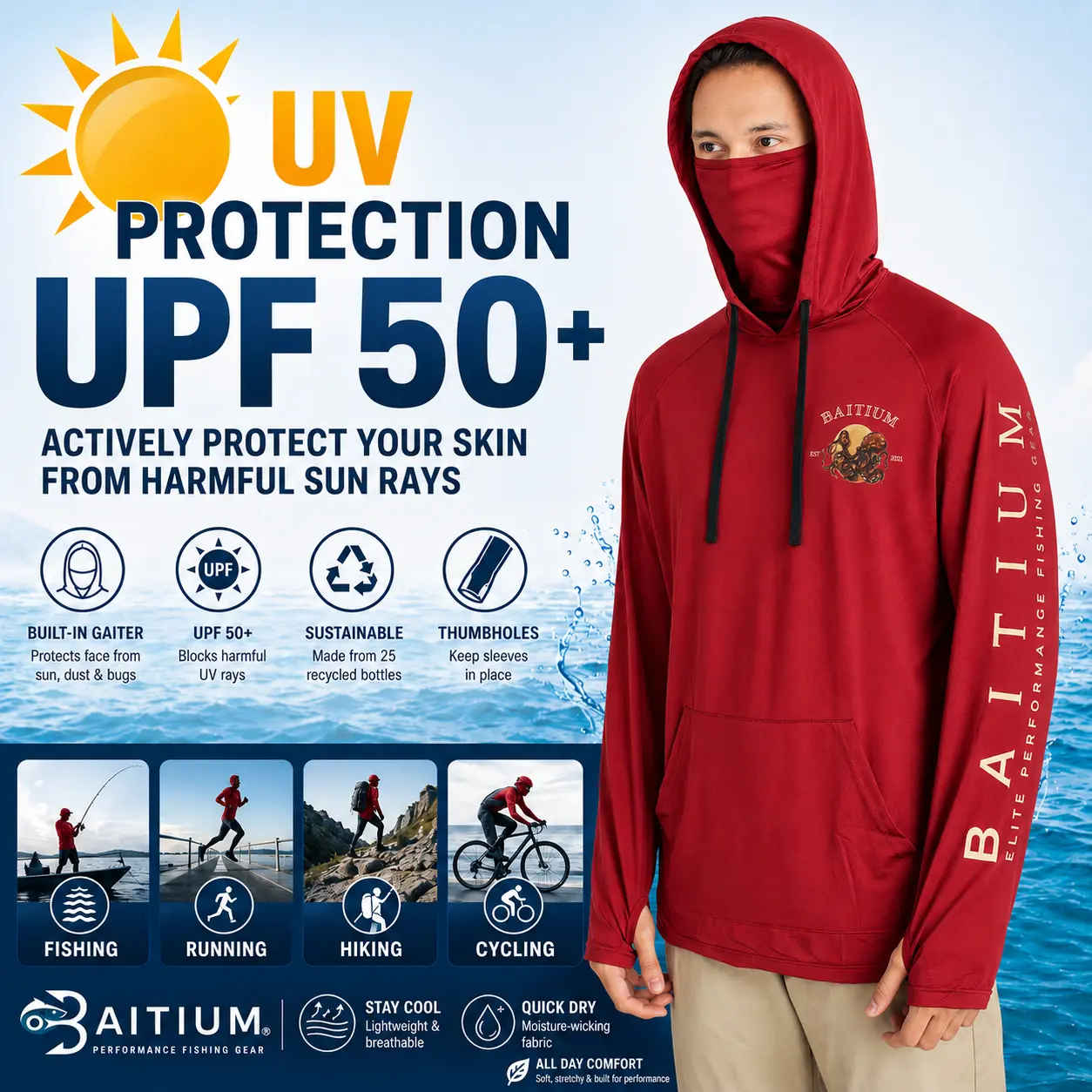 Baitium Fishing and Construction Shirts - Hooded UPF 50 Long Sleeve with Gaiter - Lightweight, Breathable, Moisture-Wicking, Premium Outdoor Wear for Men
