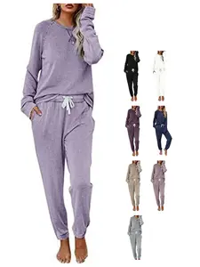 FISOEW Women's Solid Sweatsuit Set 2 Piece Long Sleeve Pullover and Drawstring Sweatpants Sport Outfits Sets viral  knit  set two piece set women two piece outfits matching sets women #TikTokShopBlackFriday #TikTokShopCyberMonday Sporty Round Neck
