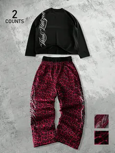 Short Long Sleeve Top with Graffiti Print, High Saturation Leopard Wide Leg Pants, Y2K Vintage Punk Style Set