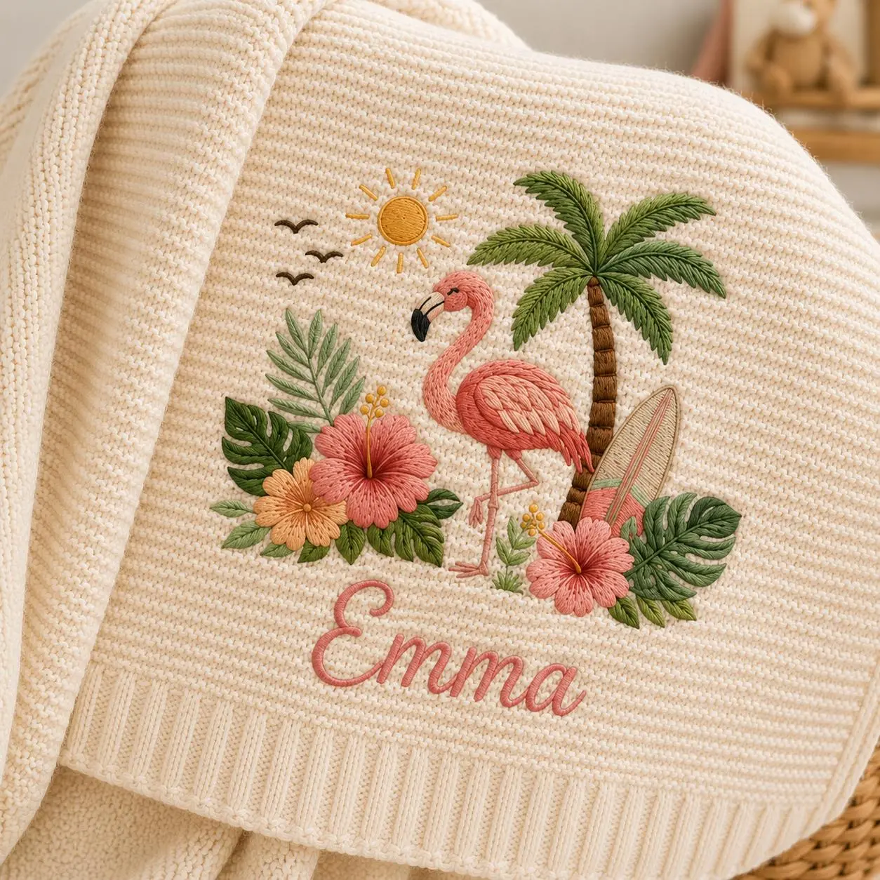 [Made-to-Order] Personalized Tropical Flamingo Embroidered Knit Baby Blanket, Custom Name Beach Baby Blanket, Palm Tree Floral Nursery Decor, Baby Shower Gift