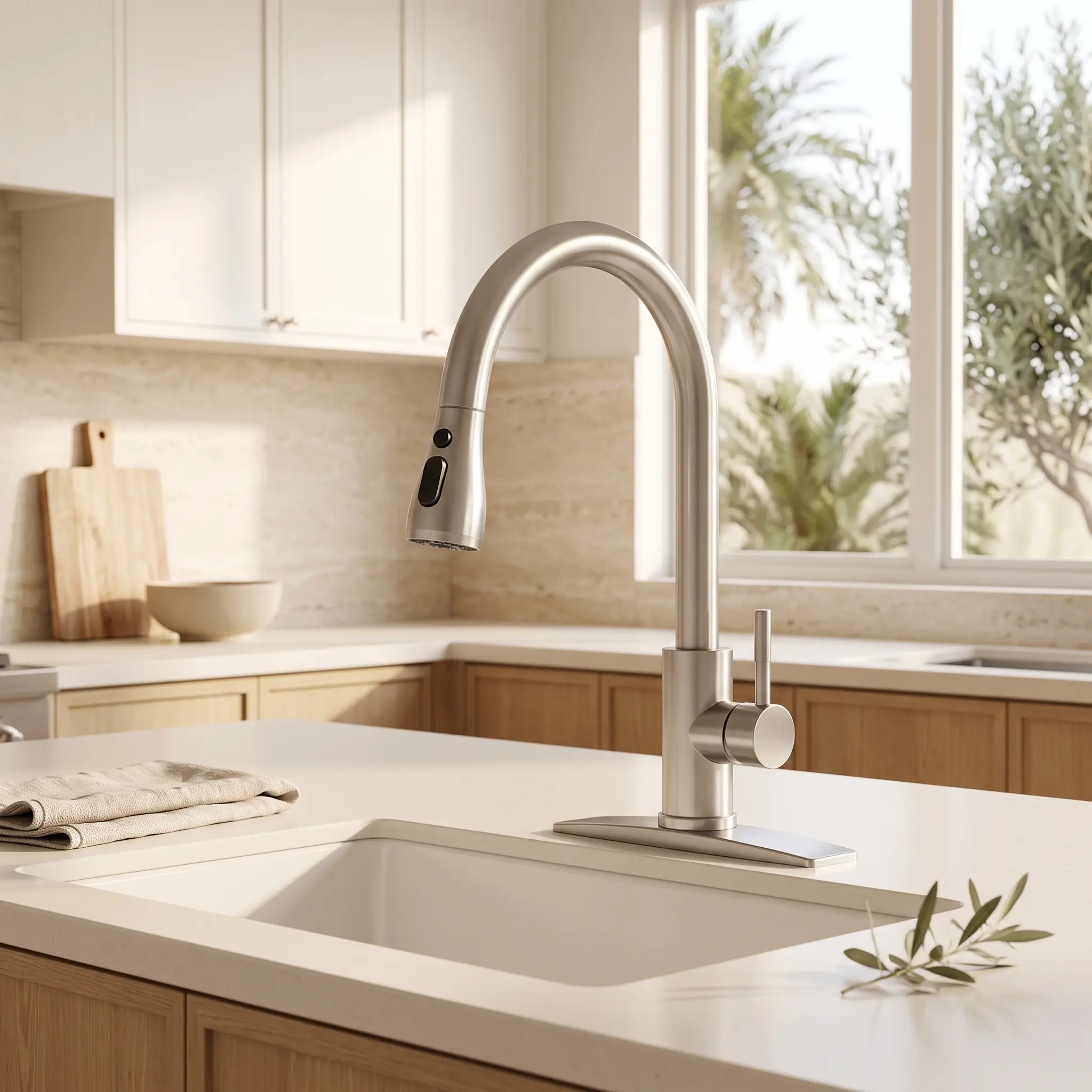 FORIOUS Kitchen Faucet with Pull-Down Sprayer, 3-Mode High-Arc Single-Handle Sink Faucet, Deck Plate for 1 or 3-Hole Sinks, for Farmhouse, Laundry, RV & Bar Sinks