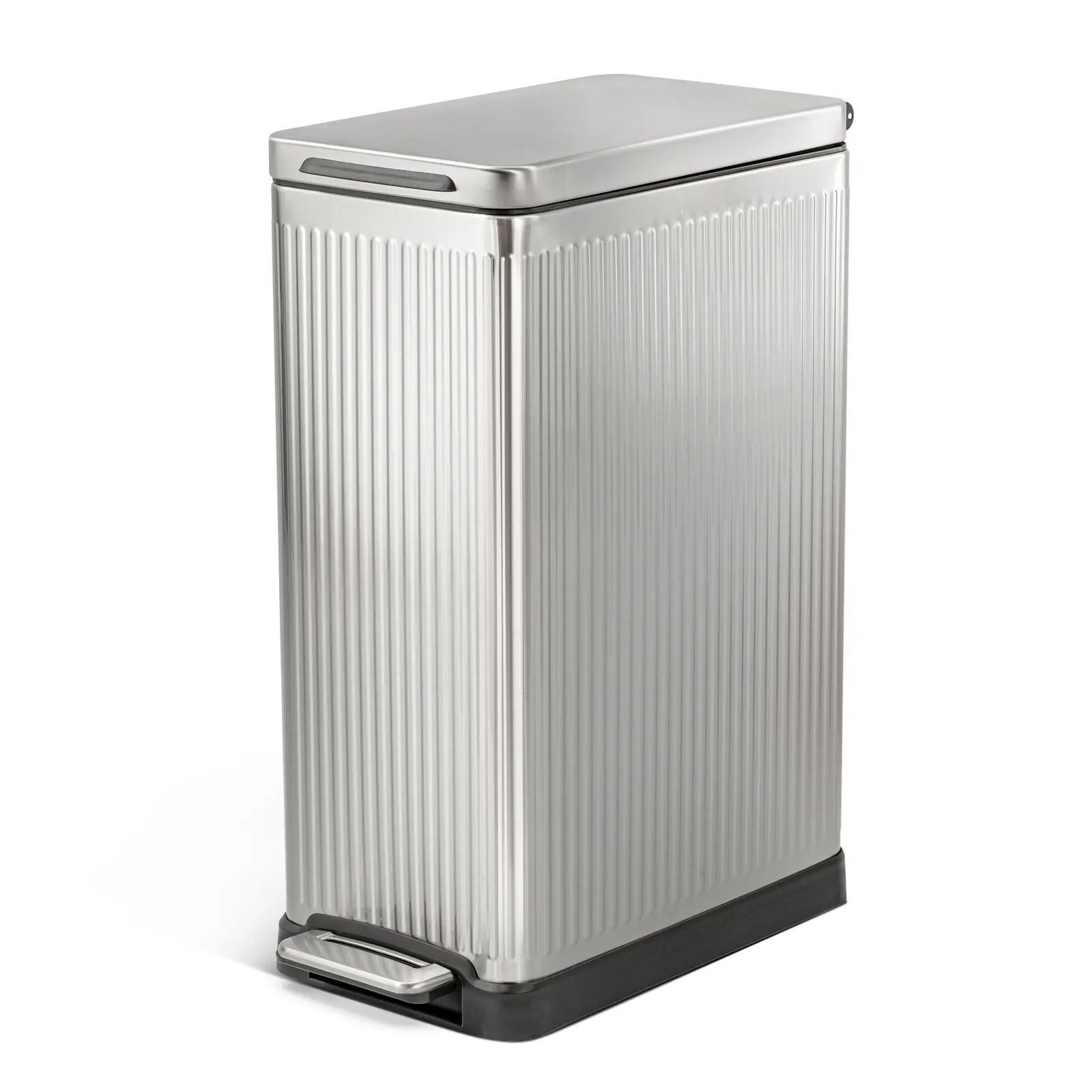 Home Zone Living 12 Gallon Slim Kitchen Trash Can with Step Pedal, Soft-Close Lid and Reeded Stainless Steel Body, Silver