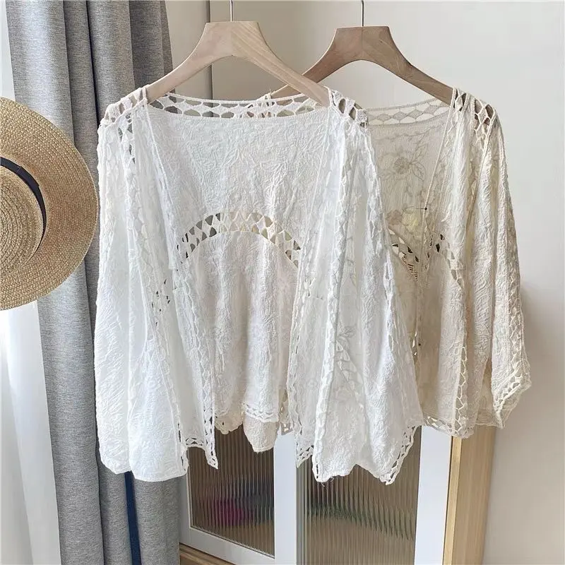 Women's European American Summer Lace Crochet Open Front Cardigan, 3/4 Sleeve Beach Sun Protection Cover‑Up Outerwear