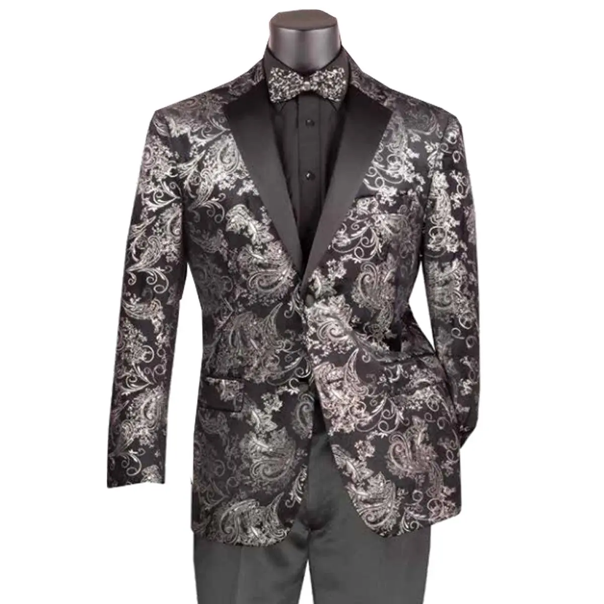 Mens Paisley Velvet Foil Smoking Jacket Tuxedo in Silver