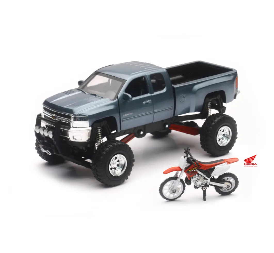 NewRay 1:32 Scale Chevrolet Silverado Off Road Pick Up W/ CRF450R Dirt Bike Model Diecast Toy