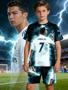 Boys' Ronaldo Jersey & Short Set, Dark Base Color, Lightning Effect Print, Sci-Fi Style, Party Wear, Casual Summer