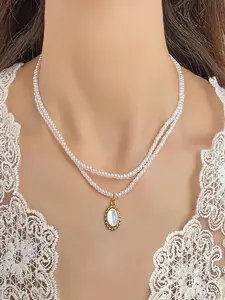 Double Layer Beaded Cat Eye Necklace, Dainty Necklace, Elegant Fashion Korean Style Women's Clavicle Chain, Stylish and Chic Jewelry Accessory, Layered Necklaces