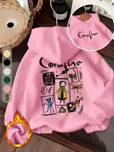 Comfortable Coraline Pattern Women's Long Sleeves Fitted Hoodie with Kangaroo Pocket, Casual Zipper Sweatshirt, Perfect for Fall & Winter Season