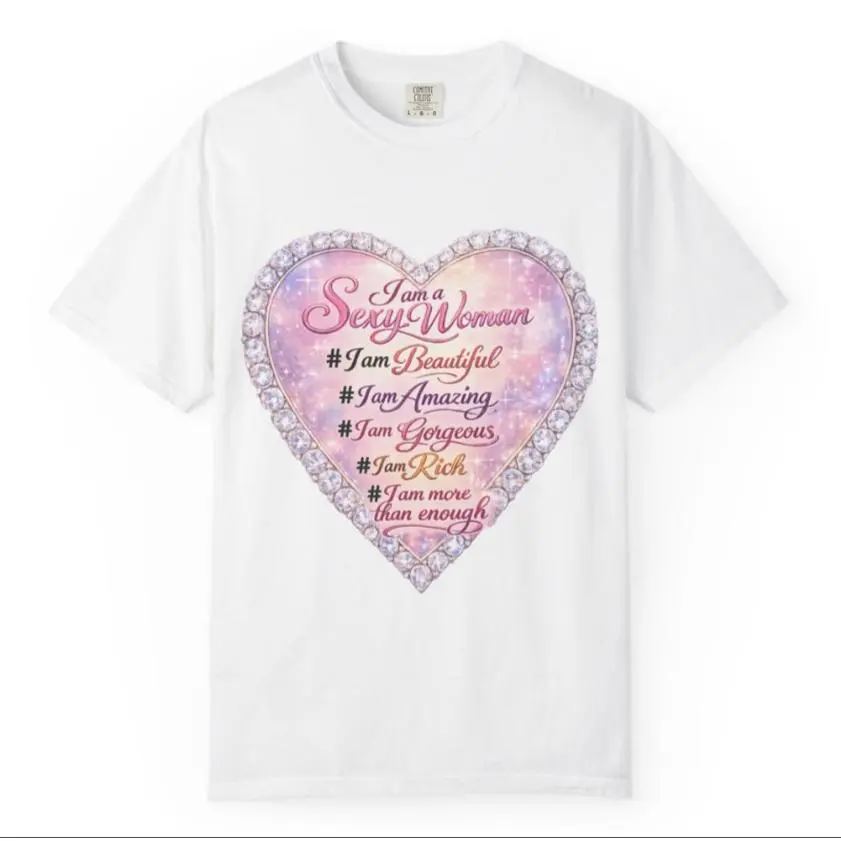 White and Pink T-Shirt with Heart Design, Sizes Small-4XL, "I am a Sexy Woman" Text, American English
