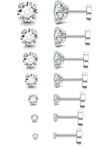 Hypoallergenic Flat Back Earrings, 20g Silver Color & 14k, Stainless Steel Studs, Briolette Cubic Zirconia, for Sensitive Ears, High Quality Earrings
