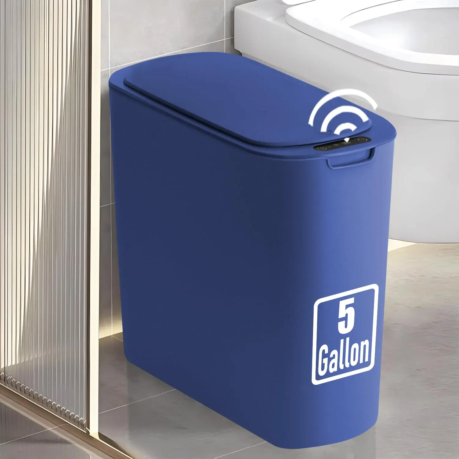 5 Gallon Motion Senor Bathroom Trash Can with Lid, Automatic Garbage Can Touchless,  Plastic  Basket for Narrow Spaces, Bathroom, Office, Bedroom, Living Room (Blue)