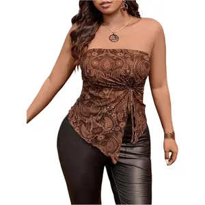 OYOANGLE Women's Plus Size Paisley Print Strapless Tube Top Drawstring Ruched Boho Hippie Western Tank Tops