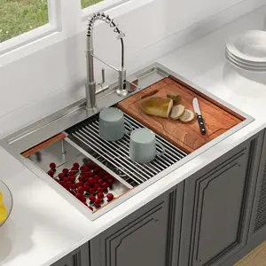 Lordear 33x22 Inch Drop In Kitchen Sink Single Bowl 16 Gauge Stainless Steel Workstation Sink with Faucet, Faucet Hole,Cutting Board, Colander Waterfall Sink