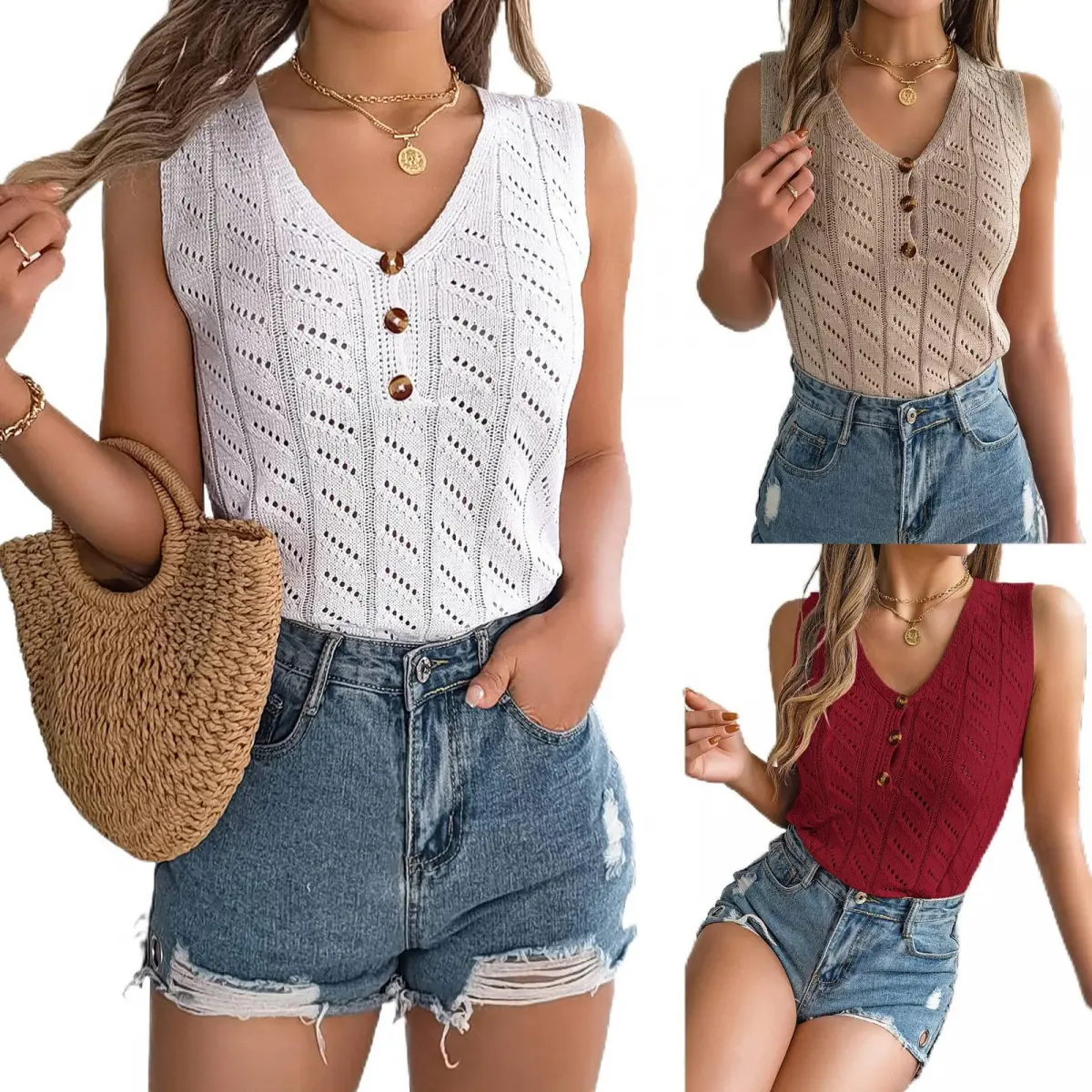 Women's Sleeveless Solid Knit Sweater Vest - Flattering V-Neck Button-Front, Loose-Fitting Lightweight Street Casual Summer Top with Cutout Detail, Breathable Plus Size Minimalist Multi-Size Women's Knitwear