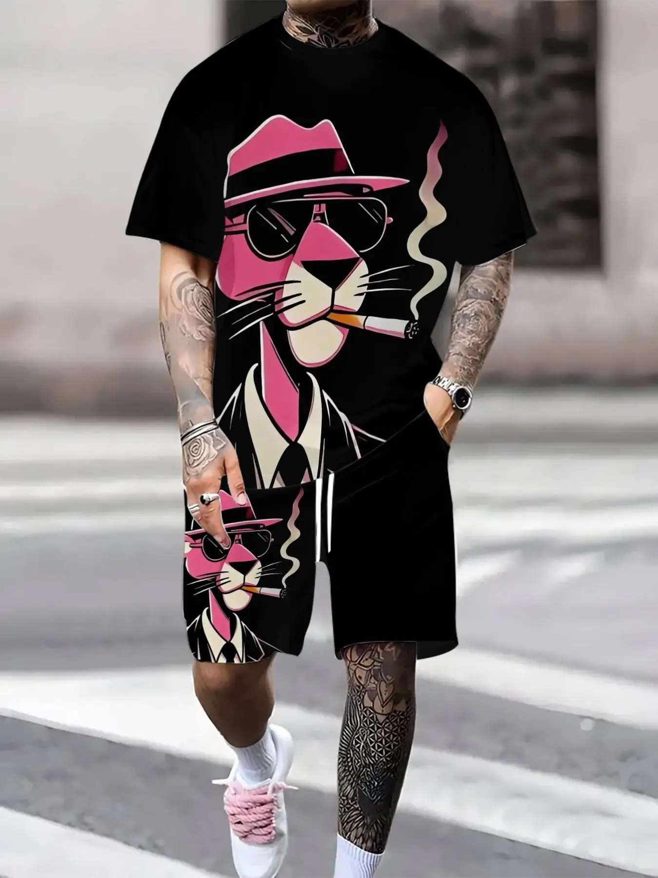 Men's Printed Short Sleeve T-Shirt and Knee Length Shorts Set, Casual Breathable Outdoor Sportswear for Summer, Two Piece Activewear Outfit