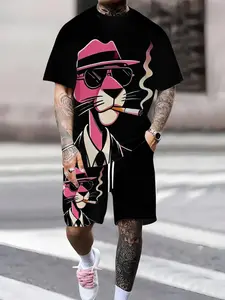 Men's Printed Short Sleeve T-Shirt and Knee Length Shorts Set, Casual Breathable Outdoor Sportswear for Summer, Two Piece Activewear