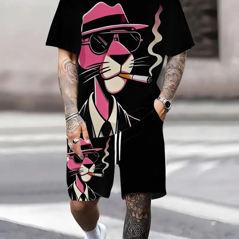 Men's Printed Short Sleeve T-Shirt and Knee Length Shorts Set, Casual Breathable Outdoor Sportswear for Summer, Two Piece Activewear, Streetwear Set