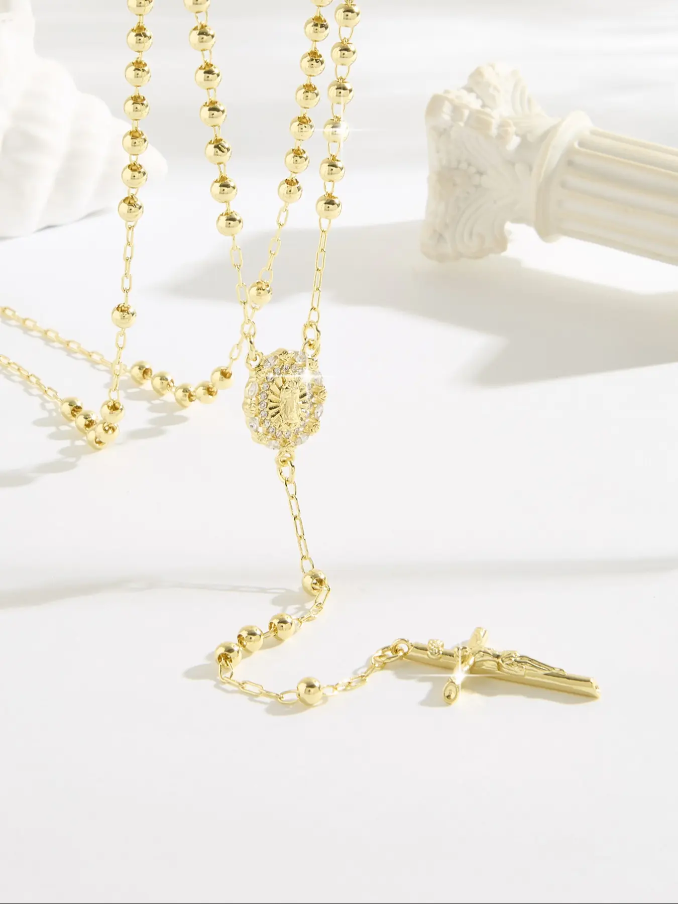 Luxury Fashion Virgin Mary Medal Choker Necklace, Zircon Jesus Cross Pendant, 4mm Beads + 24 Inch Chain, Holiday Prayer Blessing Jewelry, Statement Necklace, Statement Religious Necklace, Beaded Necklace